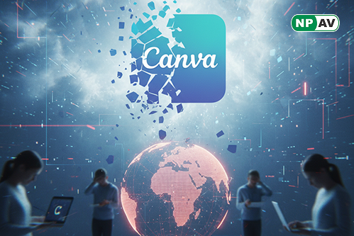Outage alert infographic: Canva logo with red error icons, global user pins and complaint bubbles; alternative tools like Adobe Spark, with "Check Status Page" banner over a cloud network.