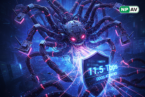 Infographic on AISURU botnet: timeline of 2025 DDoS records up to 11.5 Tbps, diagram of 300,000-node network from Totolink compromise, profiles of leaders Snow (dev), Tom (vulns), Forky (sales), social media leak screenshots, Easter egg icons, and warning