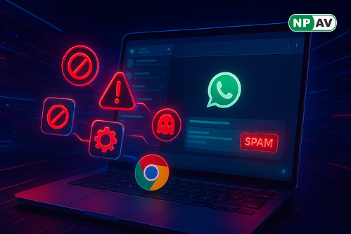 Spam alert infographic: Chrome extension icons flooding WhatsApp with messages, red violation flags; protective shields for reviews and official tools, with "Avoid Unverified Extensions" warning banner over a browser interface.