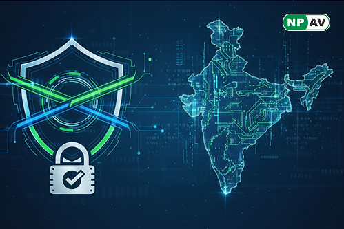 Cybersecurity infographic: TRAI shield with verification icons (CAPTCHA, numbering), regulatory partners (RBI, SEBI); protective layers for whitelisting and consent, with "Secure Your Digital Economy" warning banner over an Indian flag background.