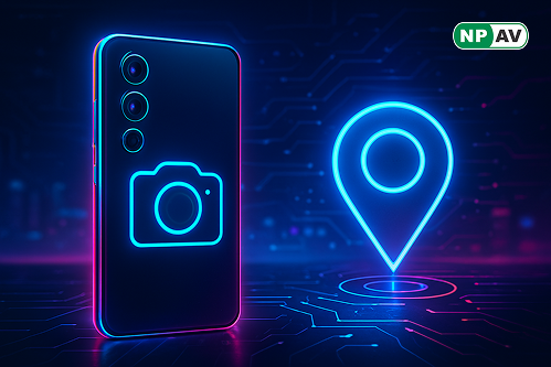 Security alert infographic: Galaxy S25 phone with camera eye and GPS tracking arrows, red zero-day icon; protective shields for updates and monitoring, with "Patch Your Device" warning banner over a smartphone screen.