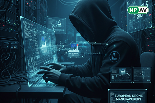 Espionage alert infographic: Lazarus Group icons targeting drone factories, RAT arrows stealing data; protective shields for awareness and monitoring, with "Secure Sensitive Sectors" warning banner over a European map.