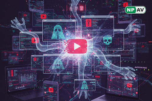 Malware alert infographic: YouTube play button with ghost icons spreading infostealers, red archive locks; protective shields for antivirus and reporting, with "Avoid Game Hacks" warning banner over a video feed.