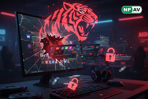Malware alert infographic: Gamer avatar with RedTiger claws stealing Discord and crypto icons, webcam eye; protective shields for 2FA and updates, with "Secure Your Gaming" warning banner over a gaming setup.