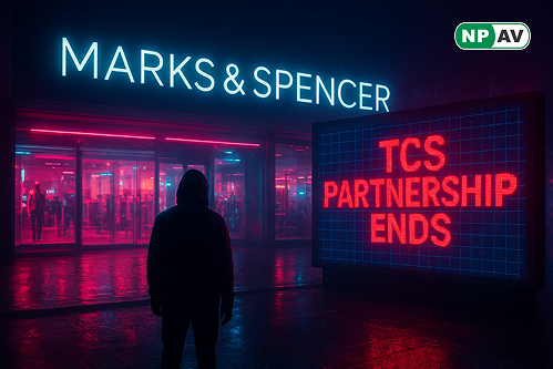 Cyberattack fallout infographic: M&S store with broken links to TCS, hacker impersonating executive; protective shields for verification and controls, with "Secure Outsourcing" warning banner over a partnership handshake.