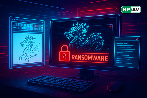 Ransomware alert infographic: Qilin icon using MSPaint and Notepad to scan files, arrows to encrypted data; protective shields for segmentation and monitoring, with "Secure Your Network" warning banner over a Windows desktop.