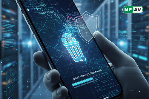 Security alert infographic: iOS 26 icon overwriting shutdown logs, erasing spyware traces; red flags for evidence loss, protective shields for monitoring, with "Protect Your Privacy" warning banner over a smartphone screen.