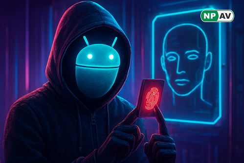 Malware alert infographic: Android phone with Herodotus icon mimicking typing, arrows to bypassed biometrics; protective shields for antivirus and verification, with "Secure Your Mobile" warning banner.