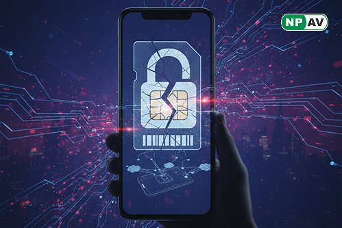 Fraud alert infographic: Phone with swapped SIM icon, arrows to stolen OTPs and bank accounts; protective shields for MFA and monitoring, with "Secure Your Number" warning banner.