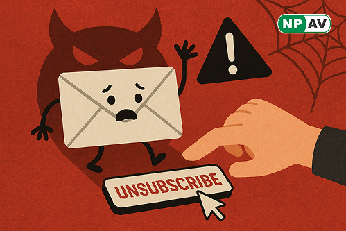 mail icon behind spam image and warning sign below unsubscribe button
