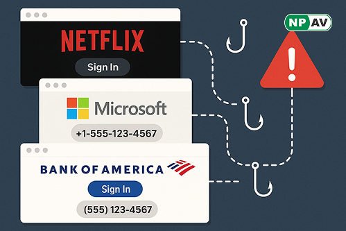 netflix microsoft and bank of america website have phishing attack and shows fake mobile numbers on websites