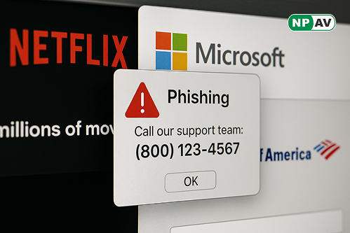 netflix microsoft and bank of america website have phishing attack and shows fake mobile numbers on websites