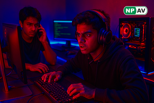 two young adults palying game on pc and shocking after loose money