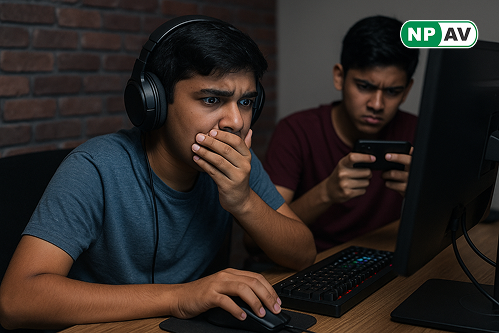 two young adults palying game on pc and shocking after loose money